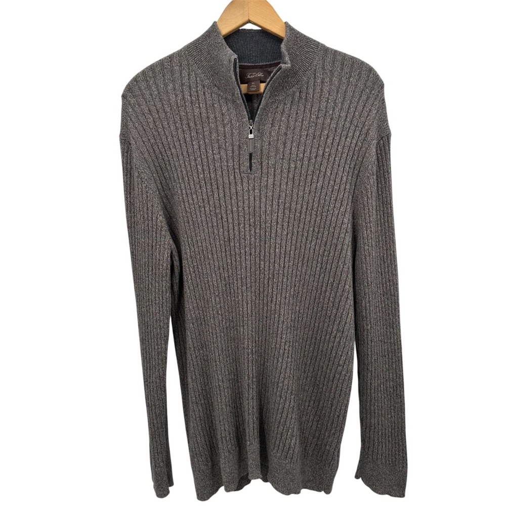 Tasso Elba Quarter Zip Sweater Ribbed Cotton Knit Brown Mock Neck Men's XL